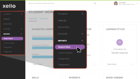 Left menu open with Reports selected. Cursor clicking on Student Work.